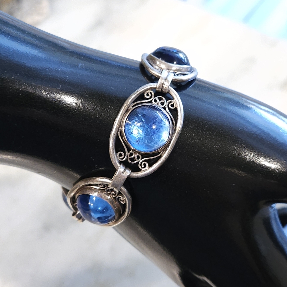 Quinto Taxco Mexico Sterling Silver Blue Glass Cabochon Art Deco Bracelet